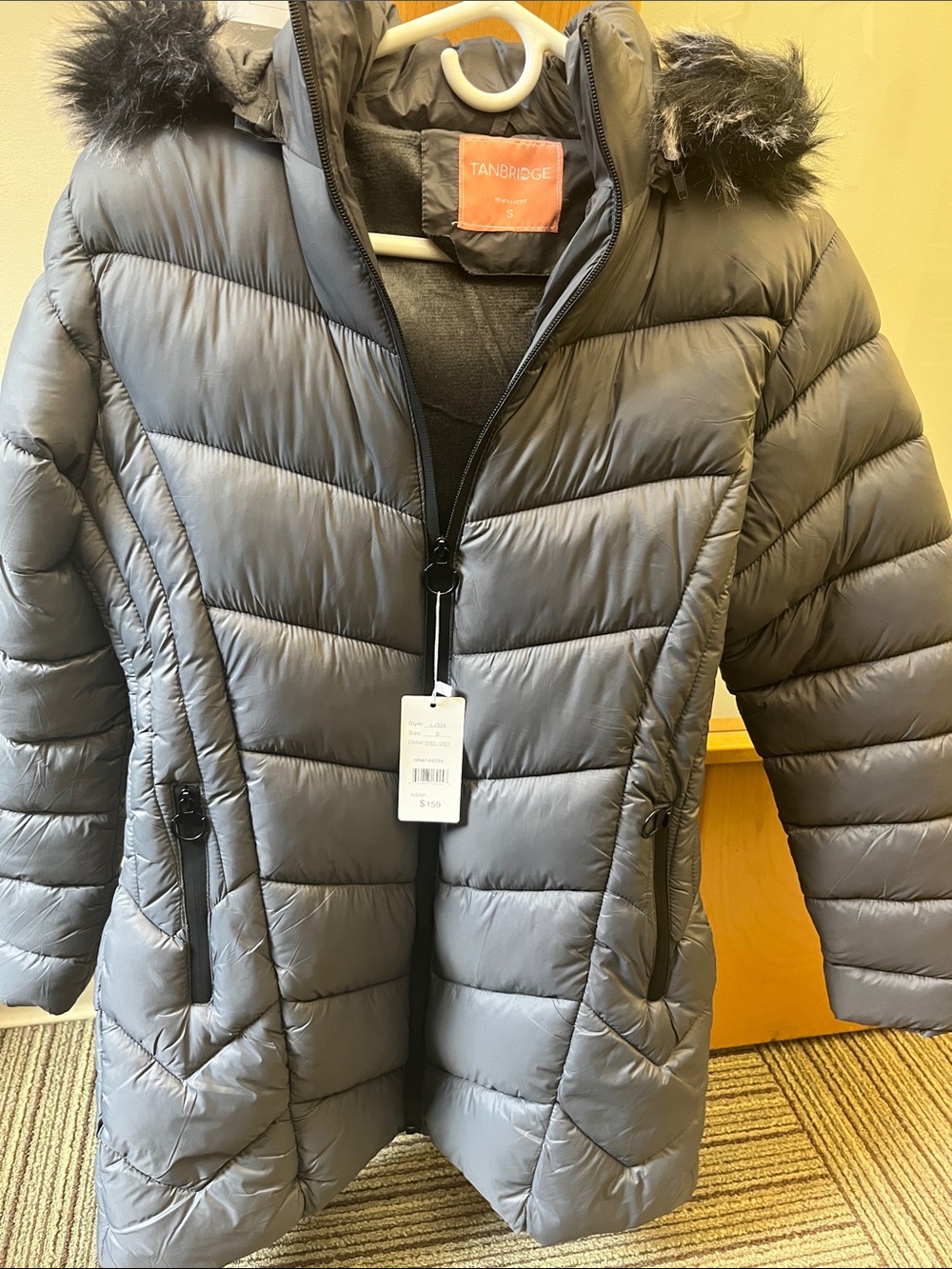 Women's Gray Puffer Coat with Faux-Fur Trim